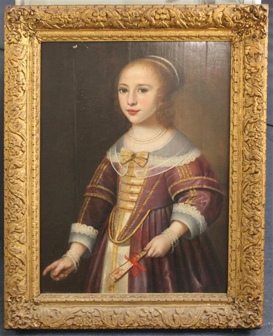 17th century English School Portrait of a young woman wearing pearls and a lace trimmed dress, holding a fan, 24.5 x 18.5in.